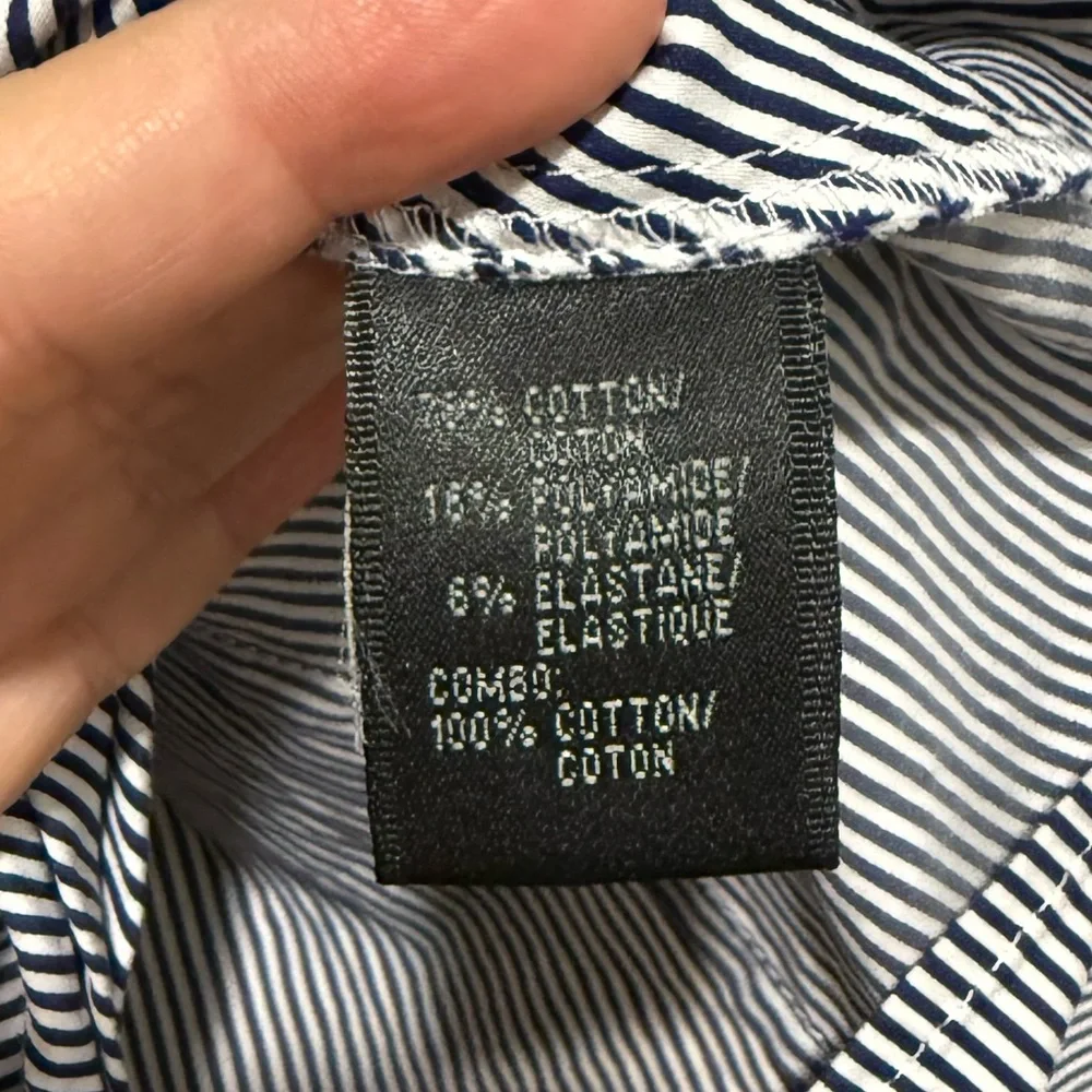 Lafayette 148 New York Navy and White Narrow-Stripe Button Shirt - Picture 6 of 8